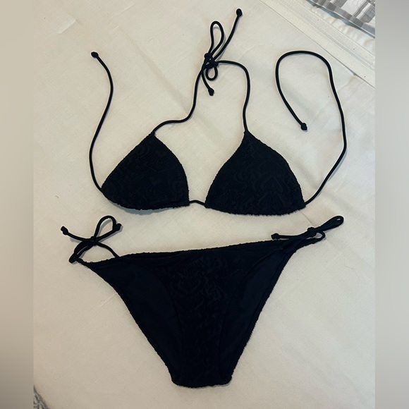 aerie Other - Aerie Lace-Textured Black Triangle Bikini
